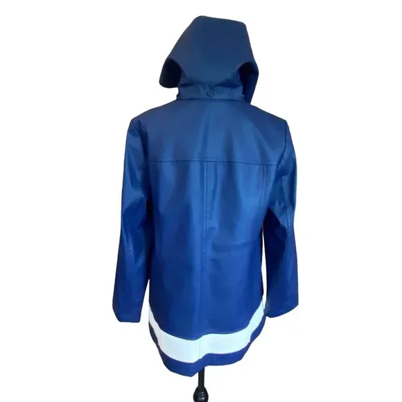 Talbots Womens Size M Rain Jacket Detachable Hood  Navy Lined White Stripe - Picture 3 of 12